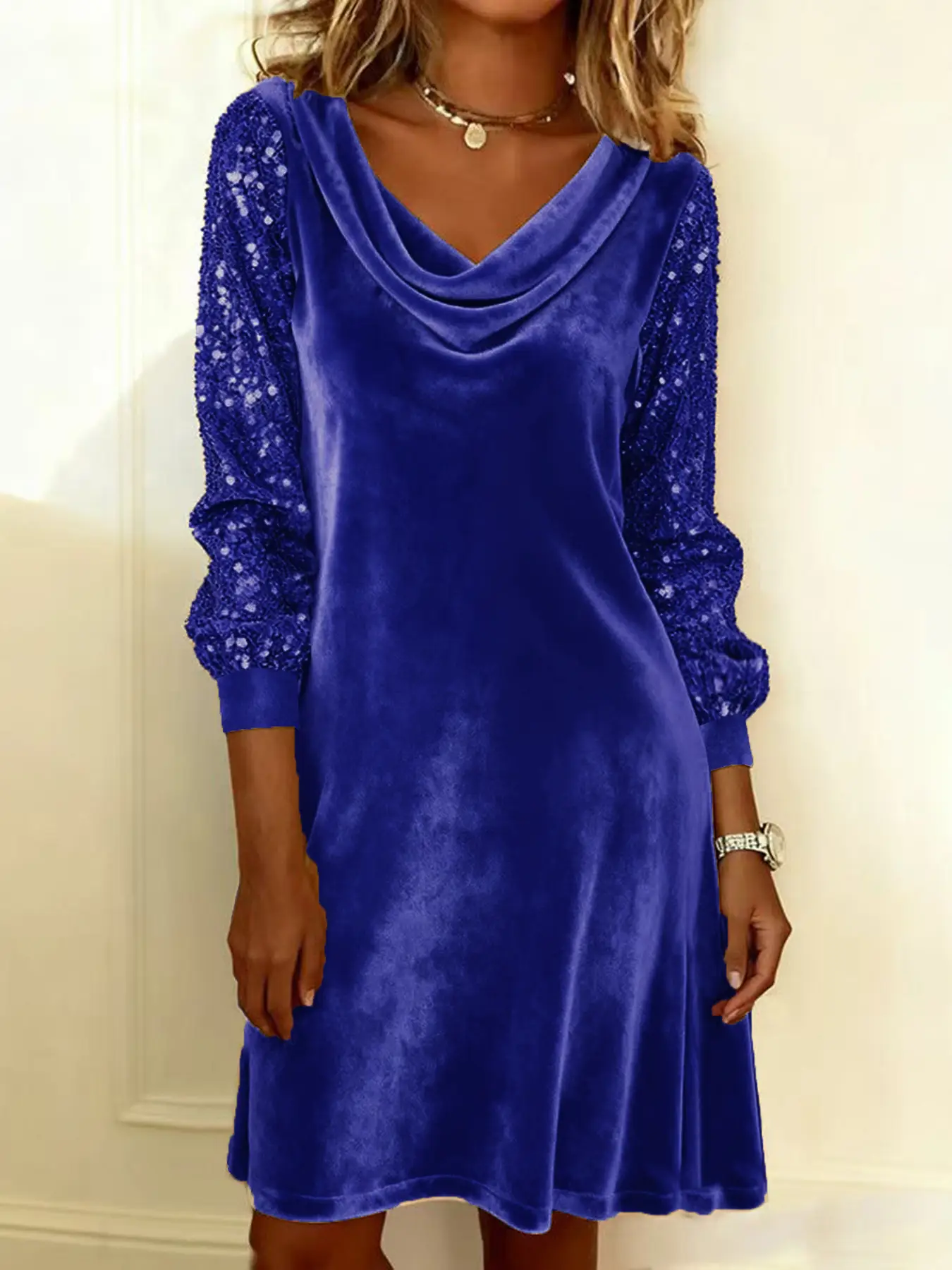 Women Velvet Sequin Dress Black Long Sleeve - Image 10