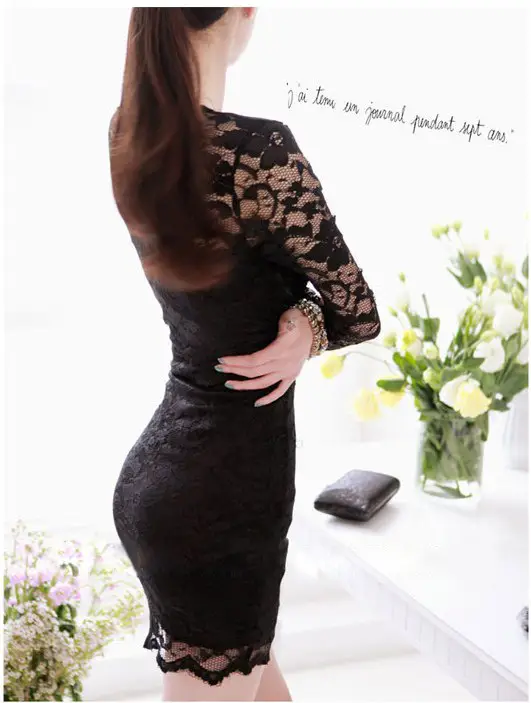 Black Lace V-Neck Low Cut Bodycon Dress for Women — feature 9