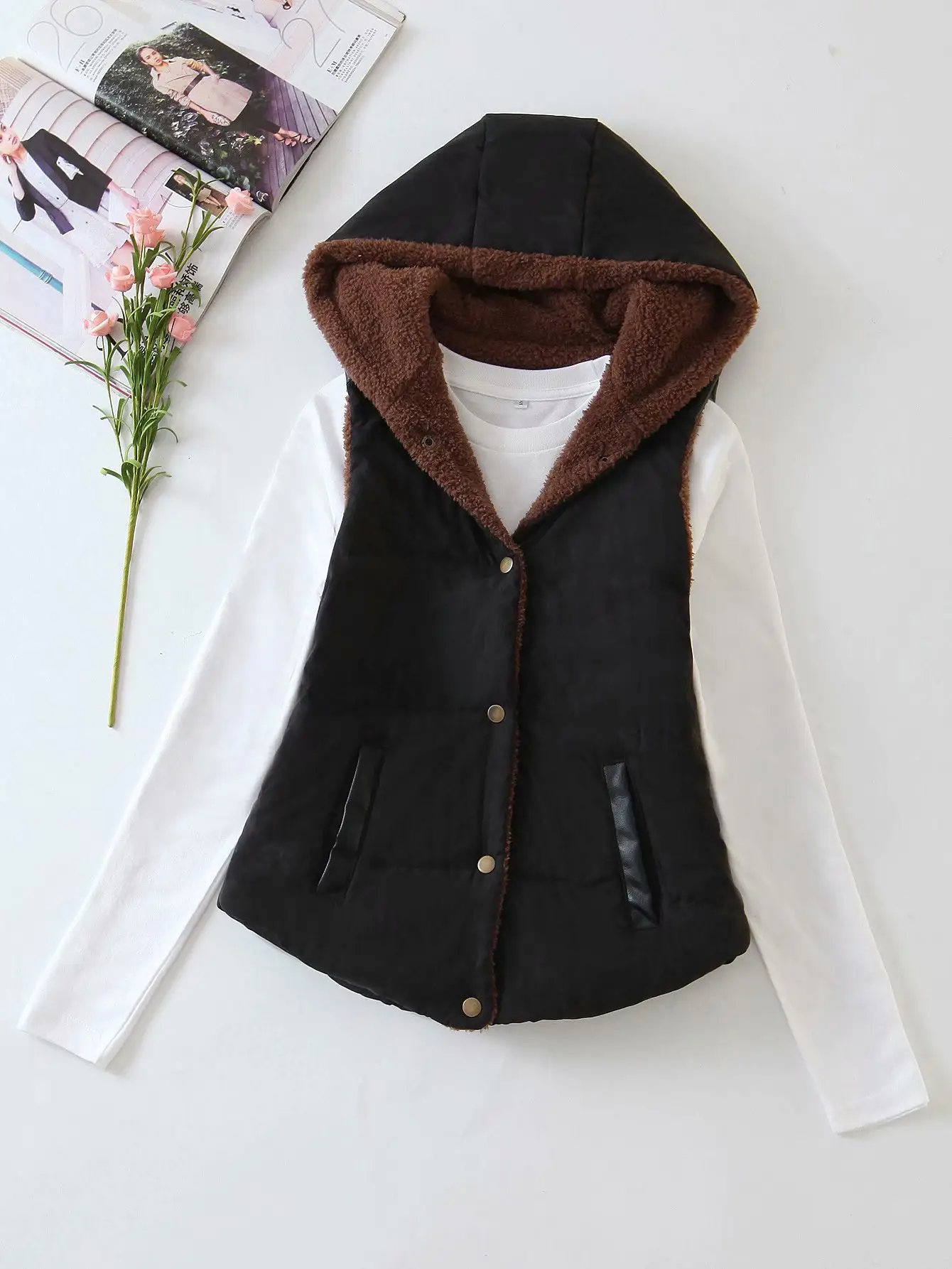 Women Hooded Cotton Vest Blue Winter Warm Vest - Image 3