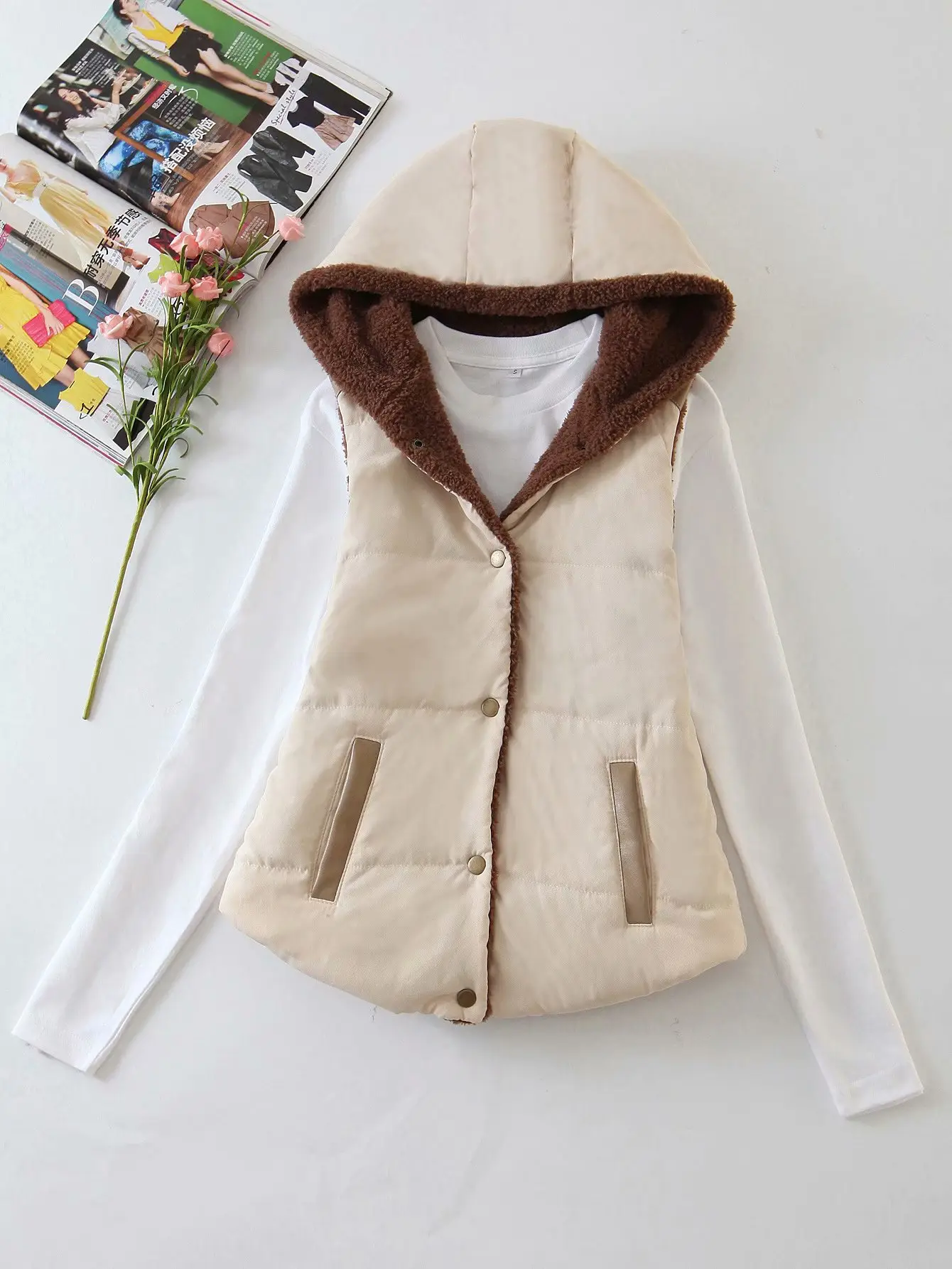 Women Hooded Cotton Vest Blue Winter Warm Vest - Image 4