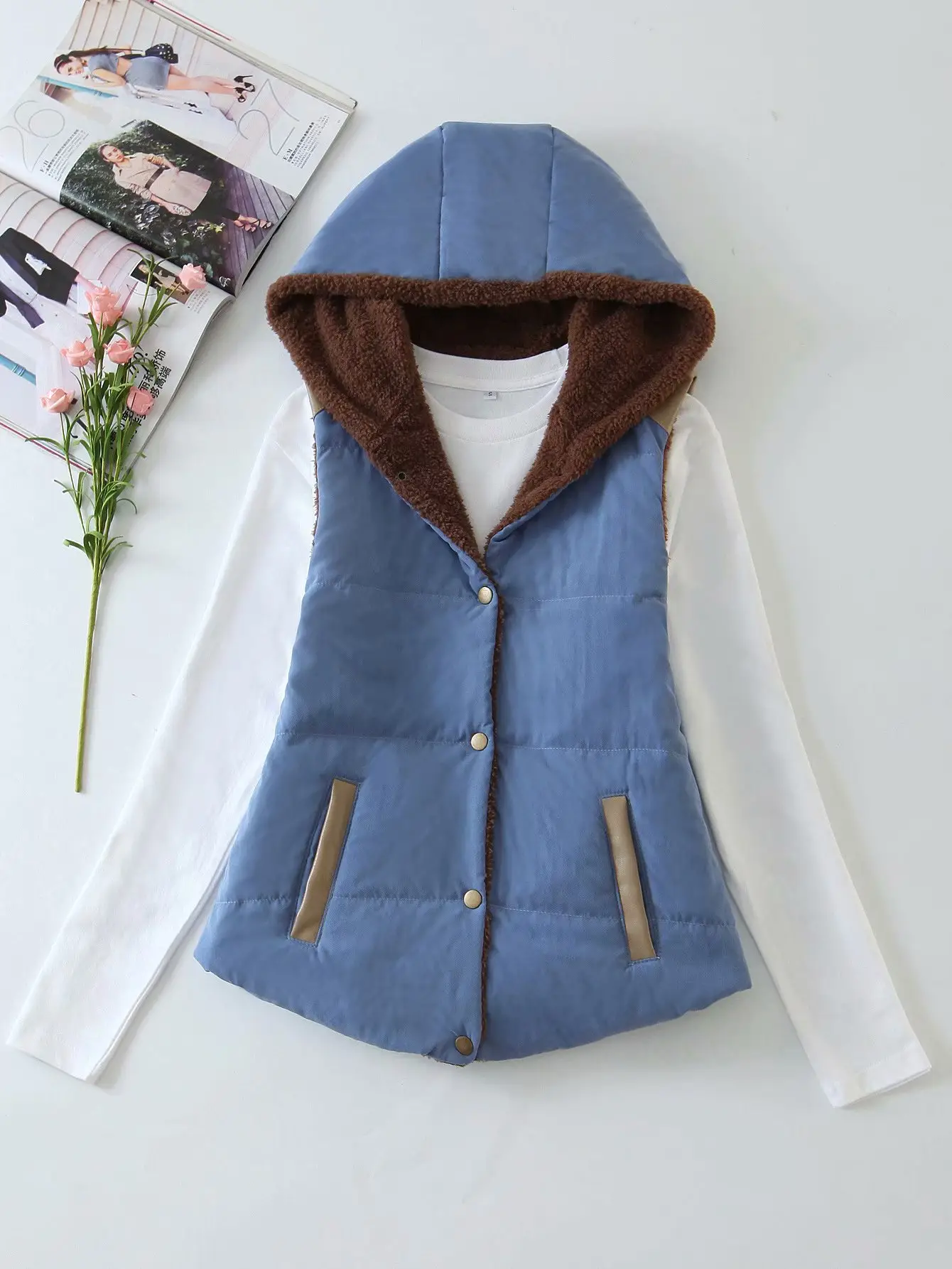 Women Hooded Cotton Vest Blue Winter Warm Vest - Image 5