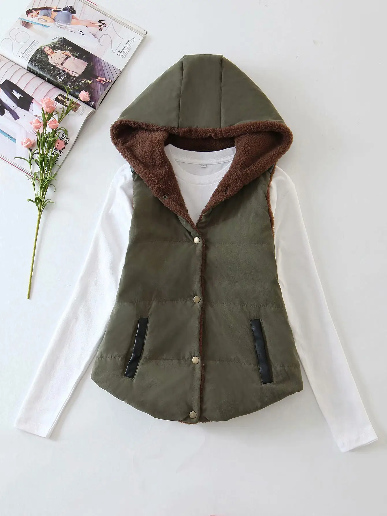 Women Hooded Cotton Vest Blue Winter Warm Vest - Image 6