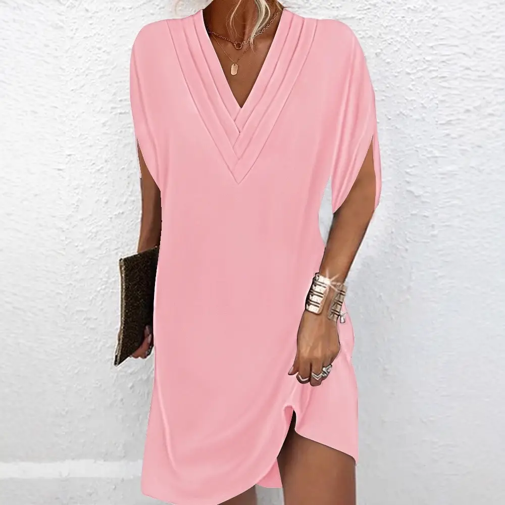White V Neck Pleated Bat Sleeve Dress for Women - Image 10