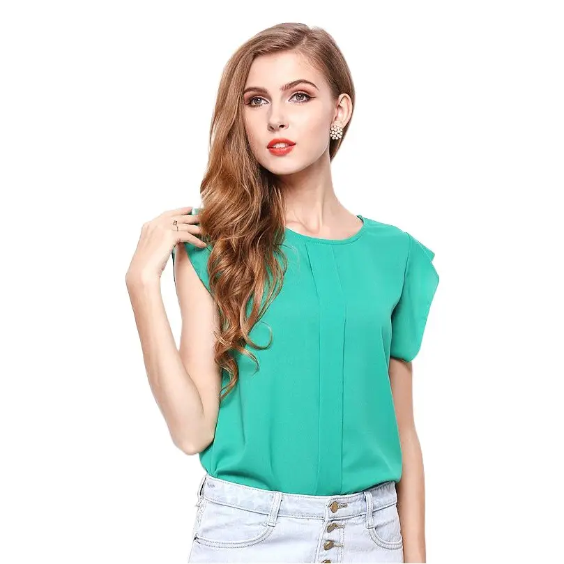 Women Chiffon T-Shirt Set Green Solid Color