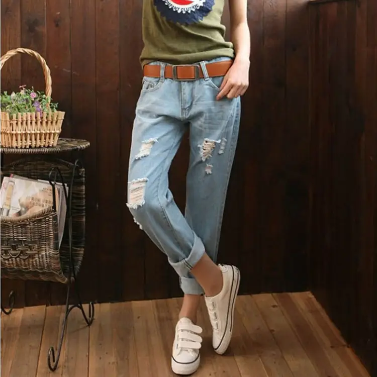 Women Ripped Denim Harem Pants 9/10 Length Casual Distressed