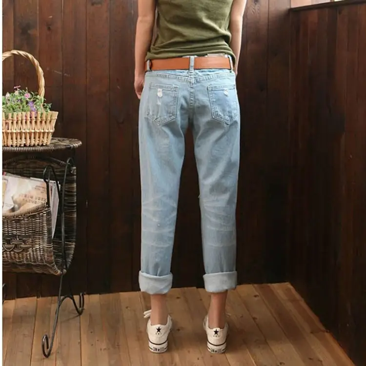 Women Ripped Denim Harem Pants 9/10 Length Casual Distressed
