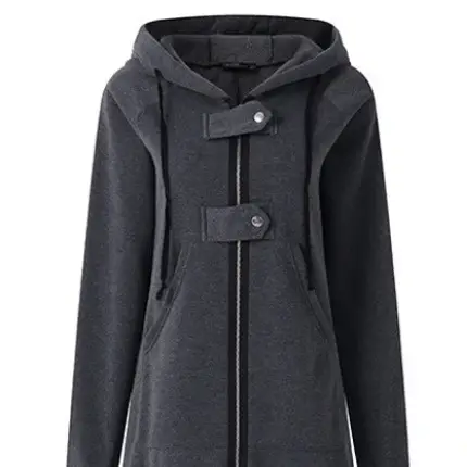 Black Fleece Hooded Trench Coat with Zipper Closure - Image 7