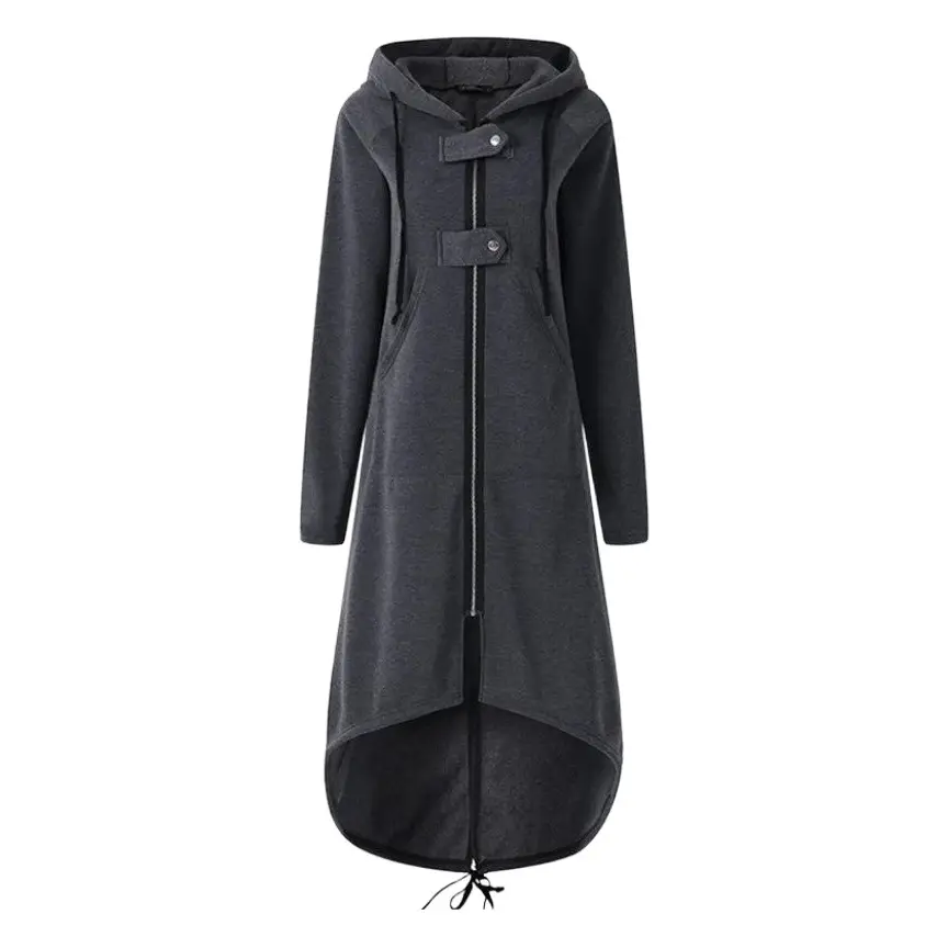 Black Fleece Hooded Trench Coat with Zipper Closure