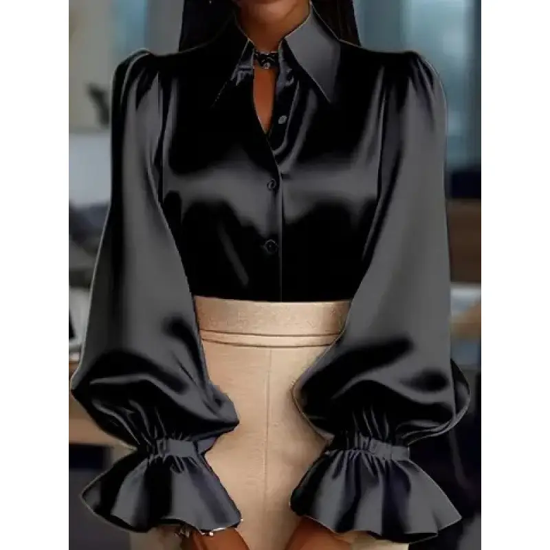 Green Satin Puff Sleeve Women's Shirt - Image 7