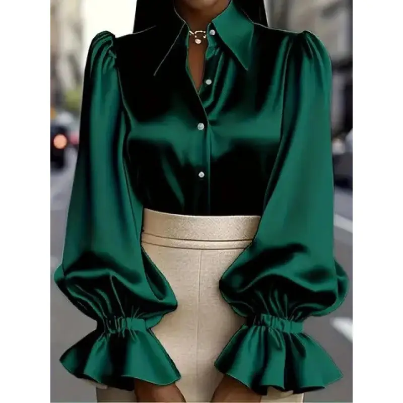 Green Satin Puff Sleeve Women's Shirt - Image 8