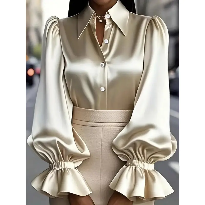 Green Satin Puff Sleeve Women's Shirt - Image 2