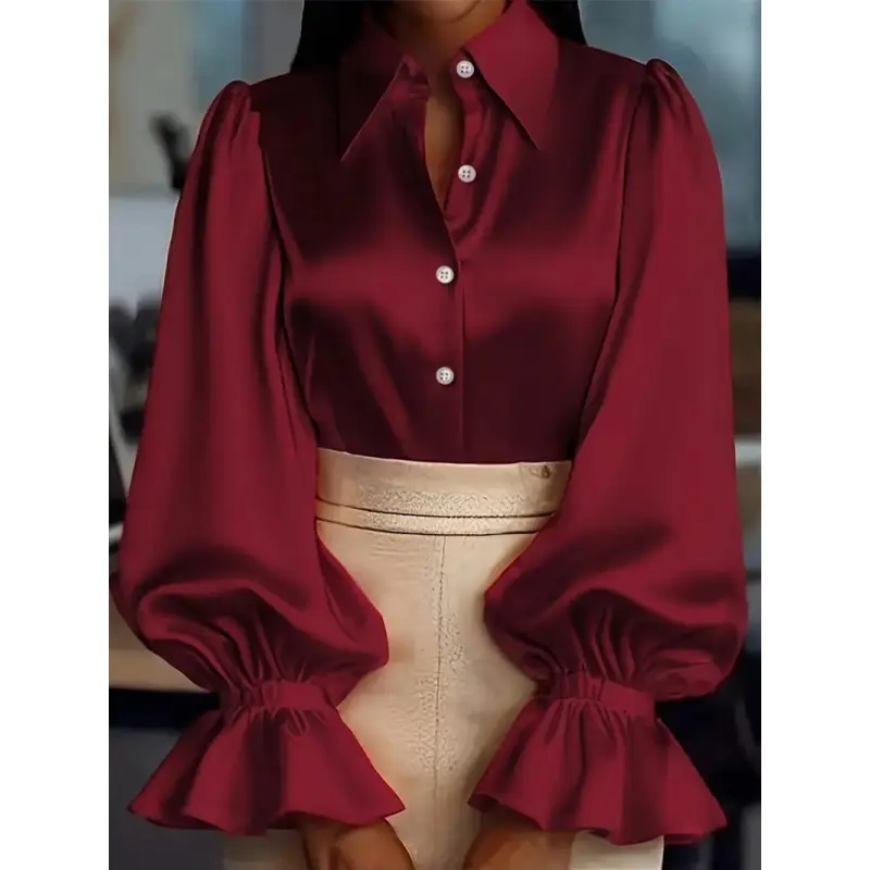Green Satin Puff Sleeve Women's Shirt - Image 4