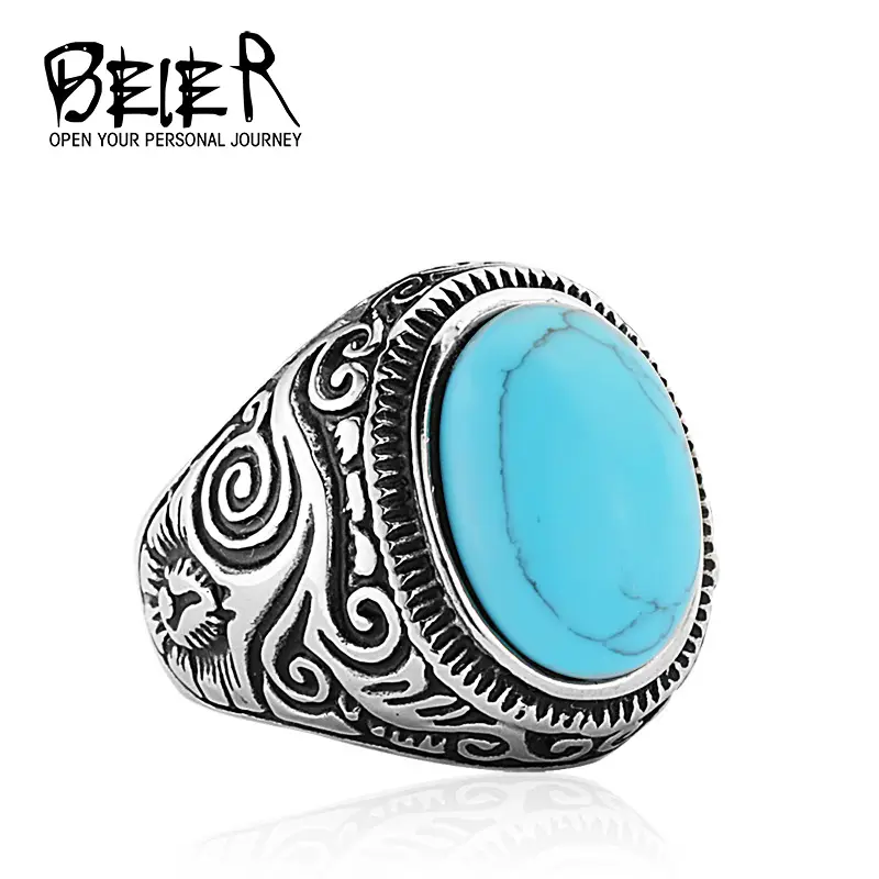 Beier Men's Carved Titanium Steel Ring with Turquoise Gemstone