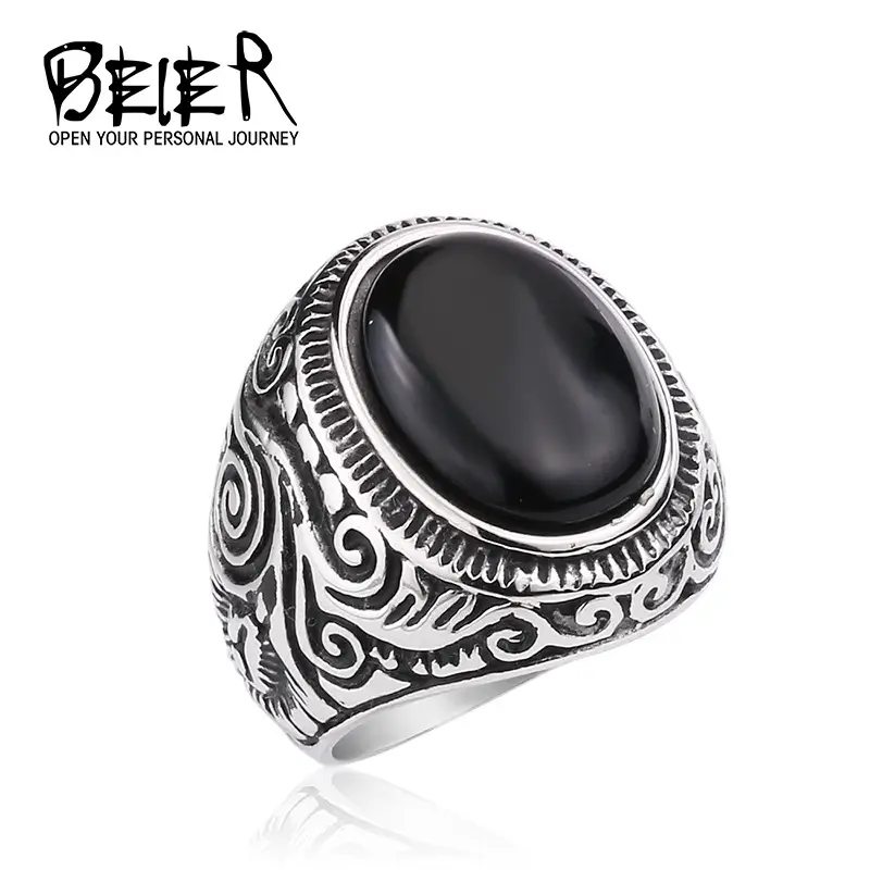 Beier Men's Carved Titanium Steel Ring with Turquoise Gemstone - Image 5