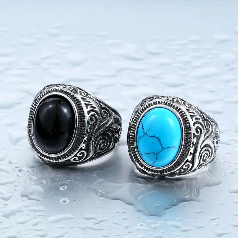 Beier Men's Carved Titanium Steel Ring with Turquoise Gemstone - Image 6