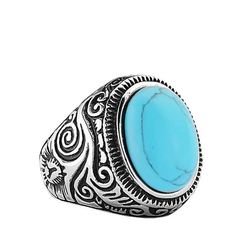 Beier Men's Carved Titanium Steel Ring with Turquoise Gemstone - Image 8