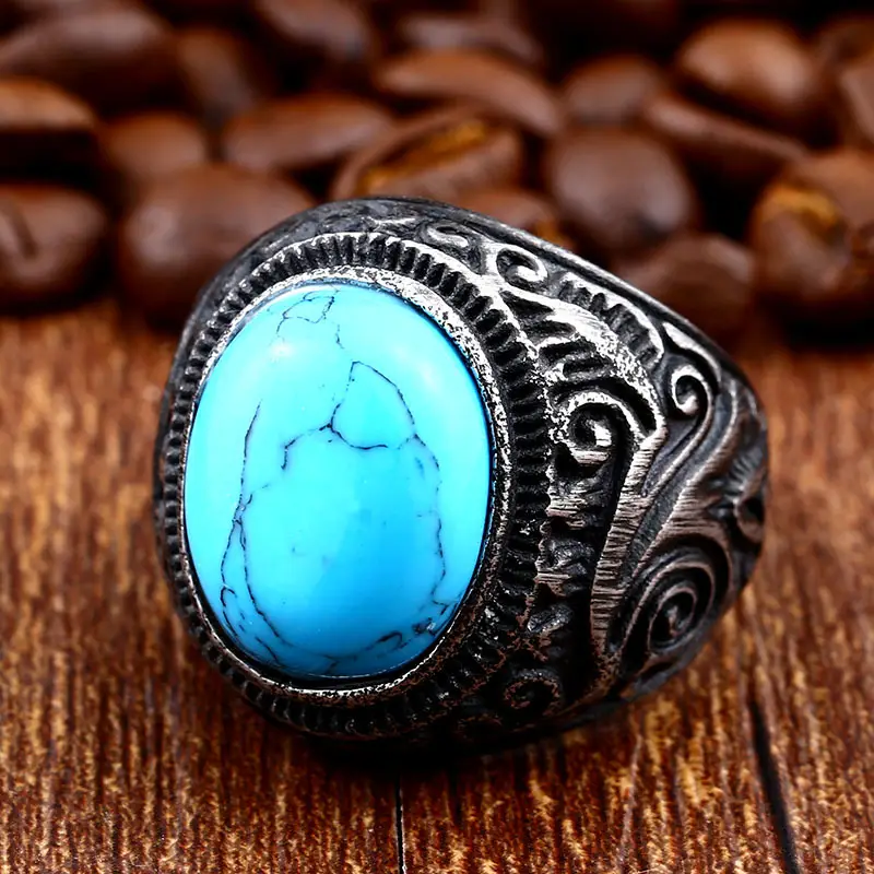 Beier Men's Carved Titanium Steel Ring with Turquoise Gemstone - Image 3