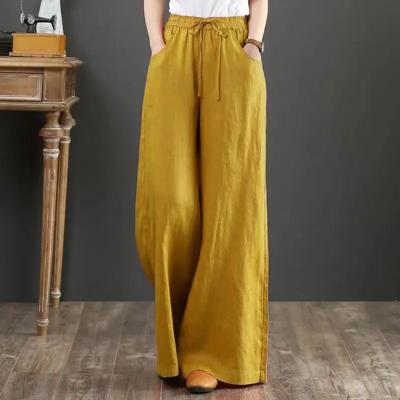 Women Cotton Linen Wide Leg Pants White High Waist - Image 9