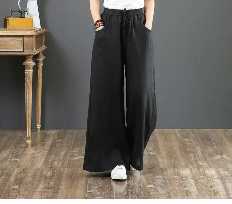 Women Cotton Linen Wide Leg Pants White High Waist — feature 11