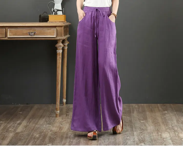 Women Cotton Linen Wide Leg Pants White High Waist - Image 10