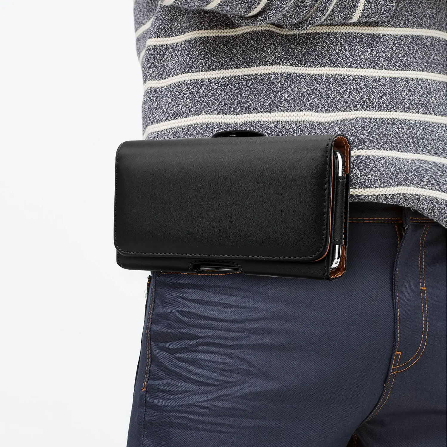 Black Leather Mobile Phone Waist Bag with Gold Trim - Image 2
