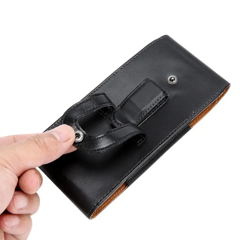 Black Leather Mobile Phone Waist Bag with Gold Trim