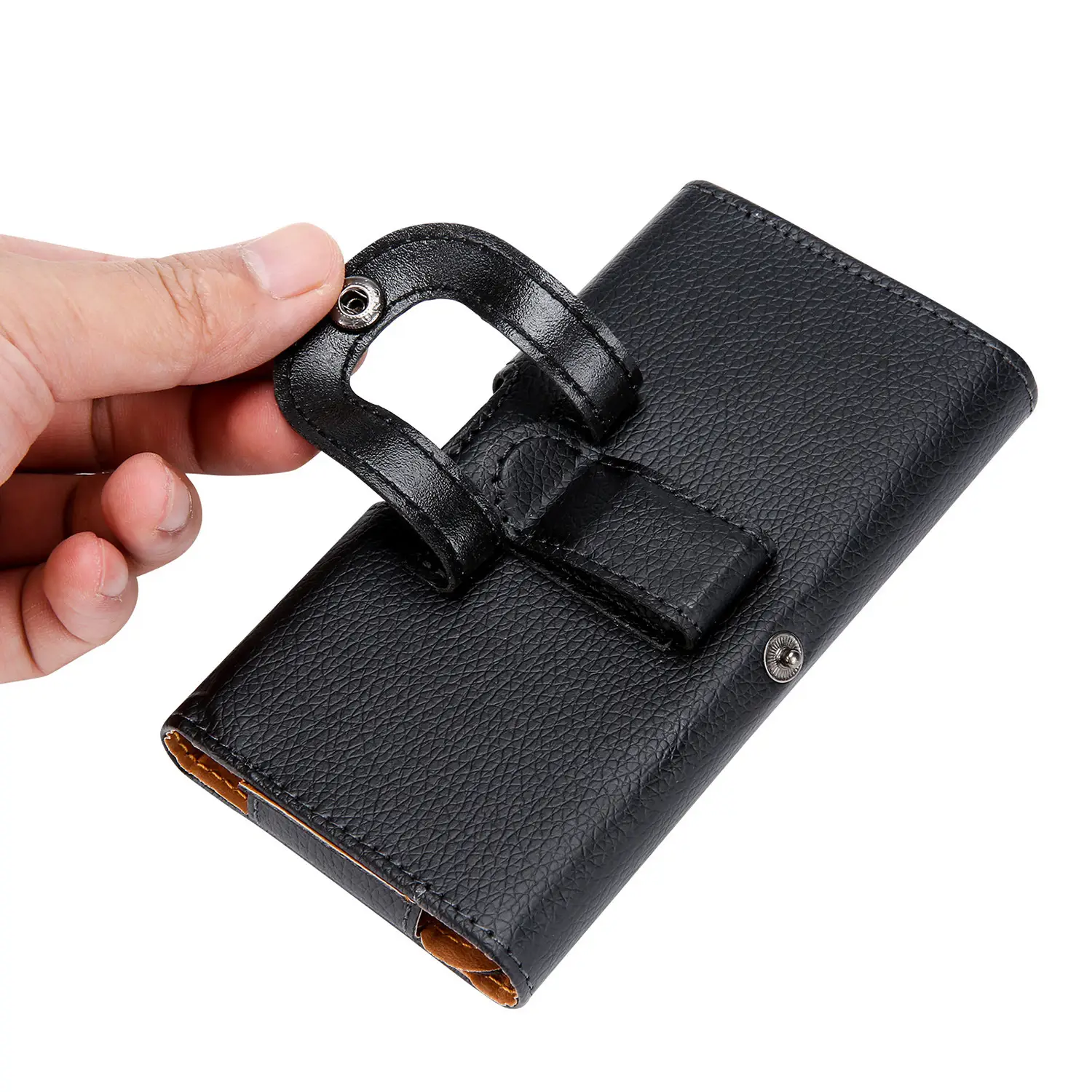 Black Leather Mobile Phone Waist Bag with Gold Trim — feature 10