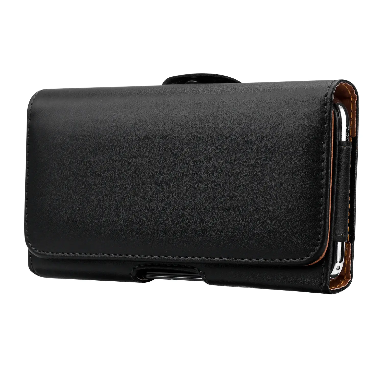 Black Leather Mobile Phone Waist Bag with Gold Trim — feature 13