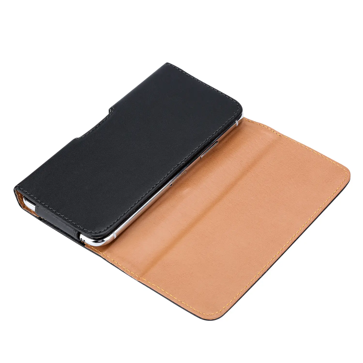 Black Leather Mobile Phone Waist Bag with Gold Trim — feature 15