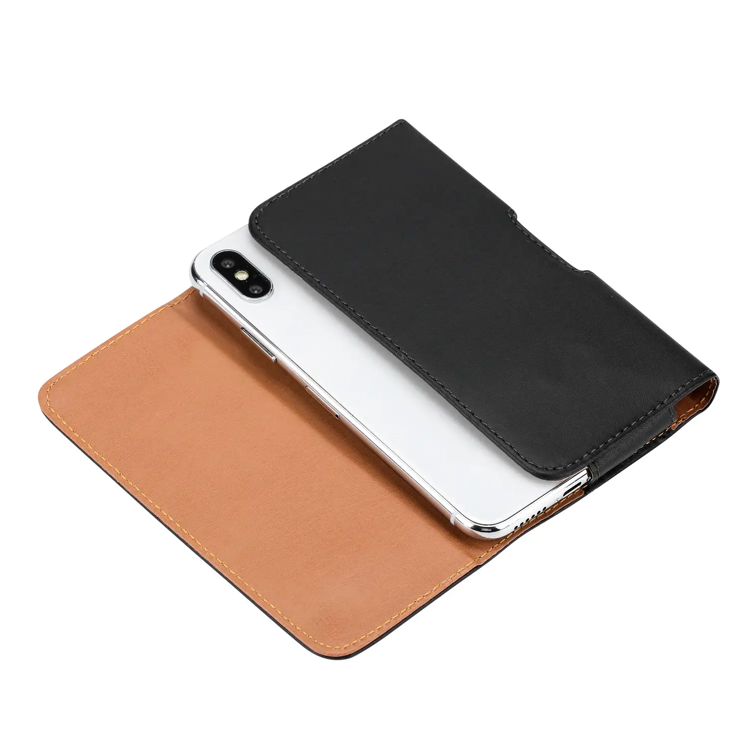 Black Leather Mobile Phone Waist Bag with Gold Trim — feature 16