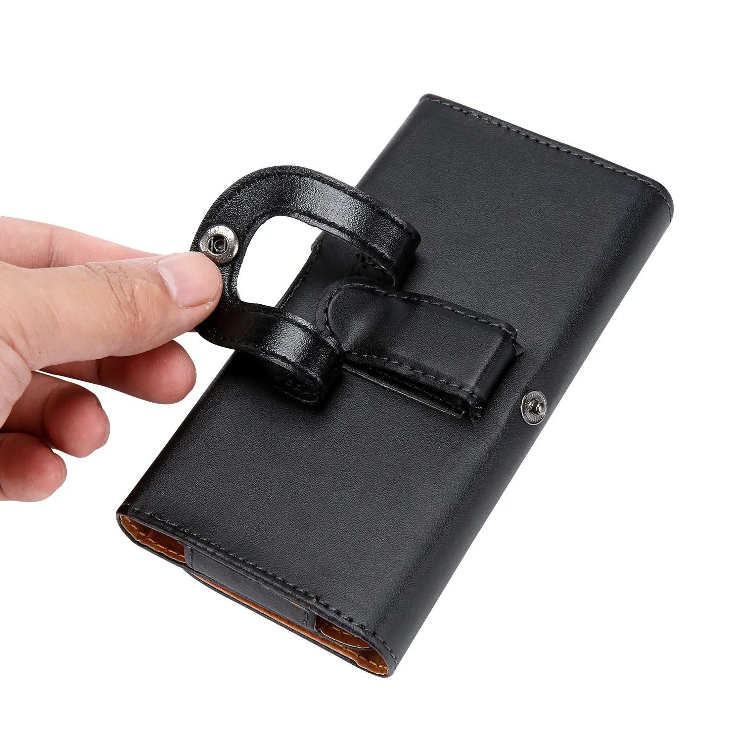 Black Leather Mobile Phone Waist Bag with Gold Trim — feature 17