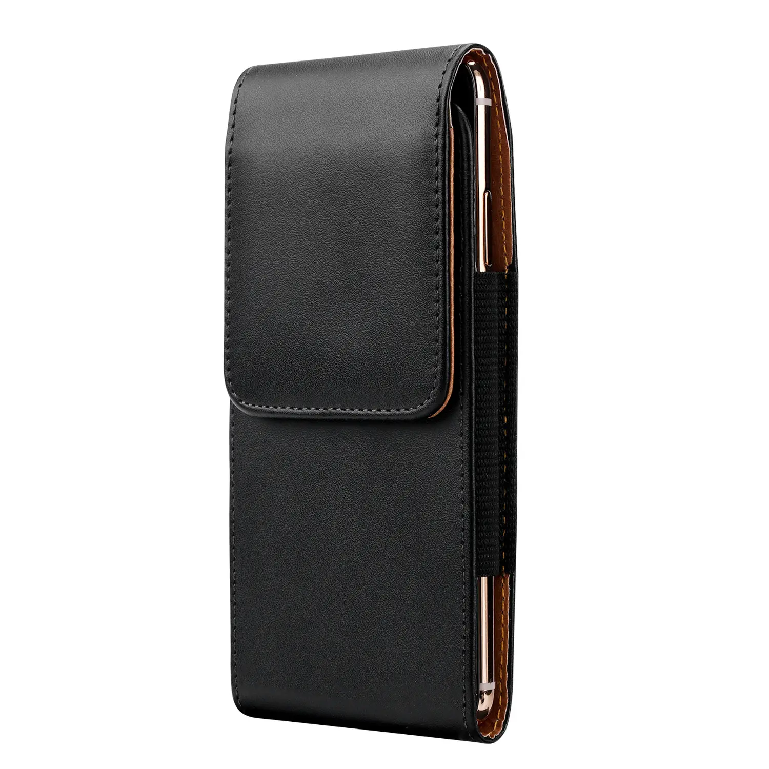Black Leather Mobile Phone Waist Bag with Gold Trim — feature 19