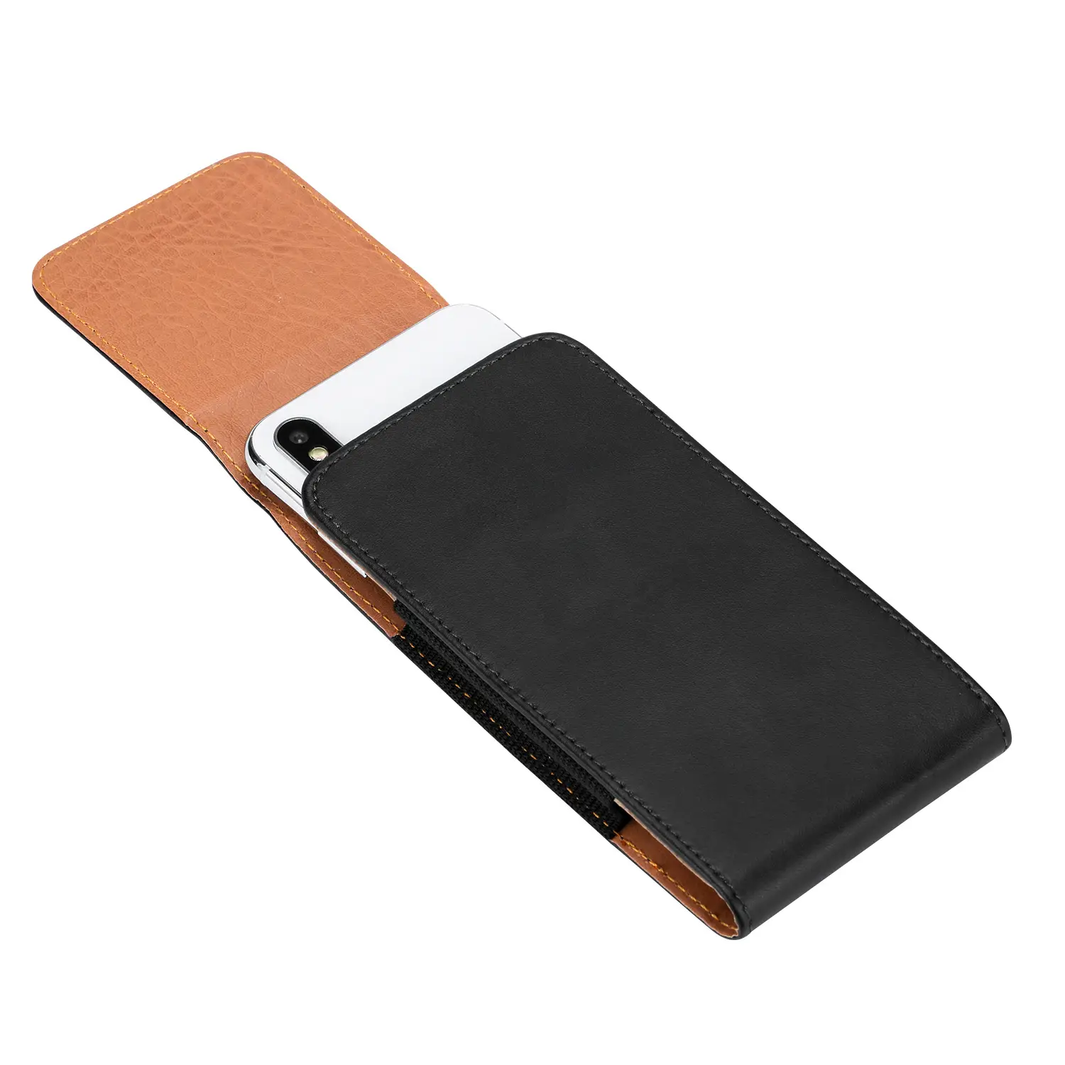 Black Leather Mobile Phone Waist Bag with Gold Trim — feature 21