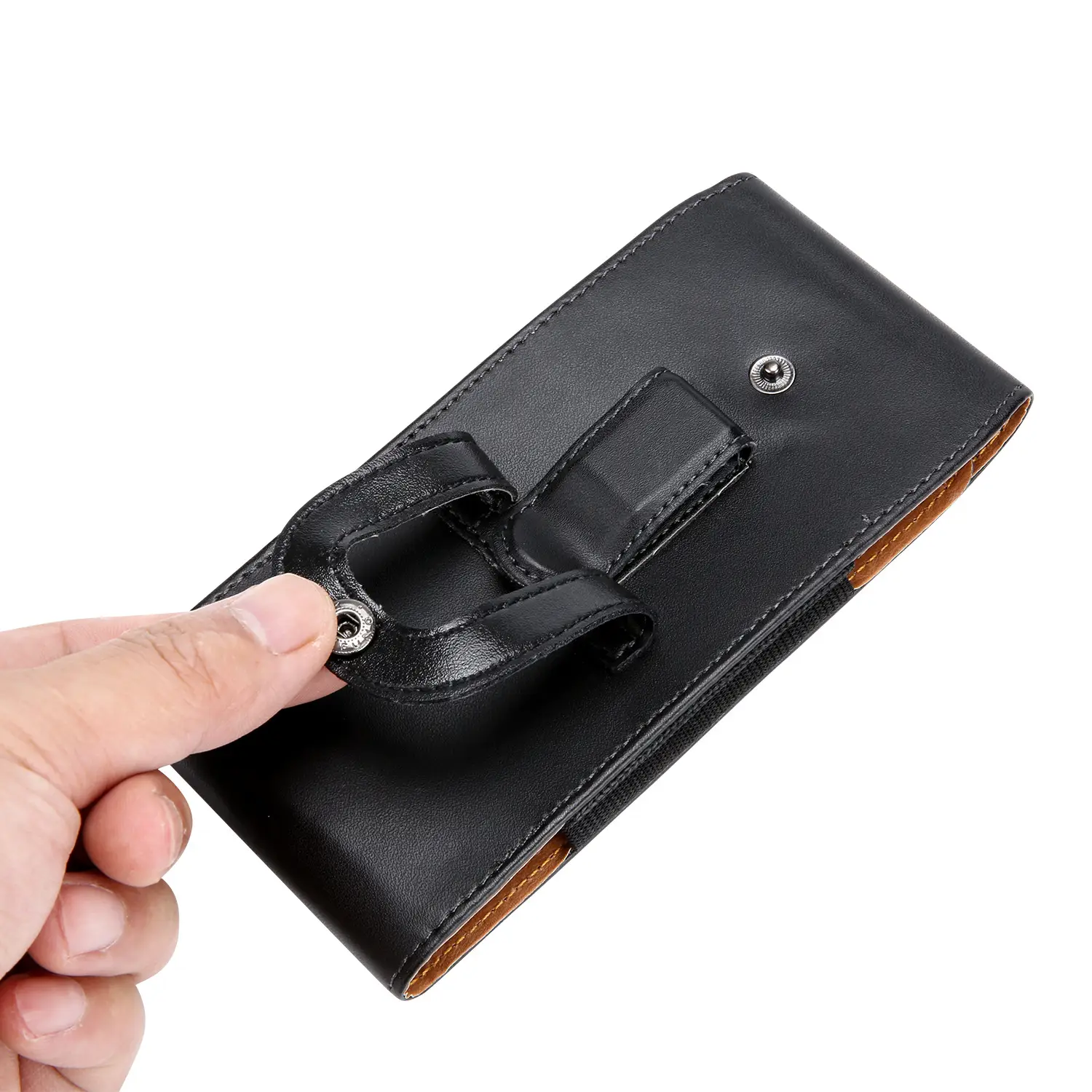 Black Leather Mobile Phone Waist Bag with Gold Trim — feature 22