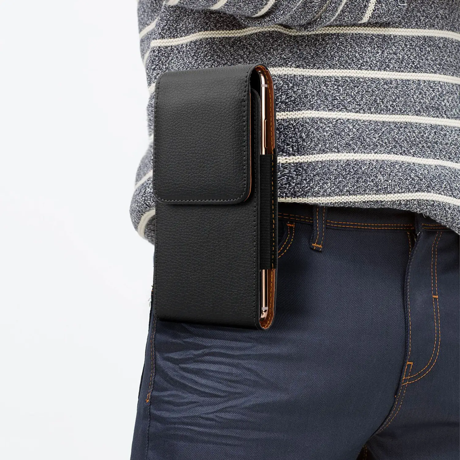 Black Leather Mobile Phone Waist Bag with Gold Trim — feature 24