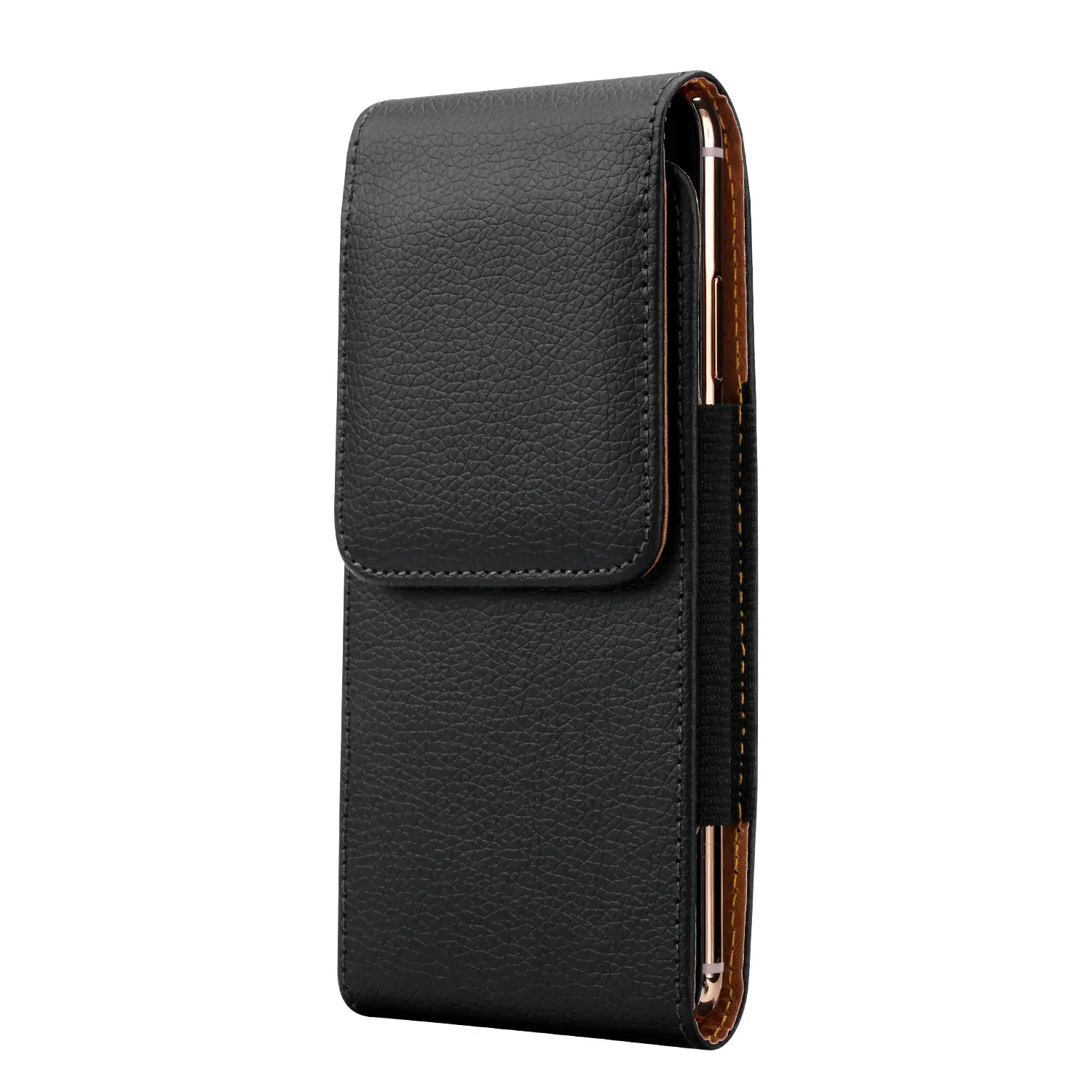 Black Leather Mobile Phone Waist Bag with Gold Trim — feature 25