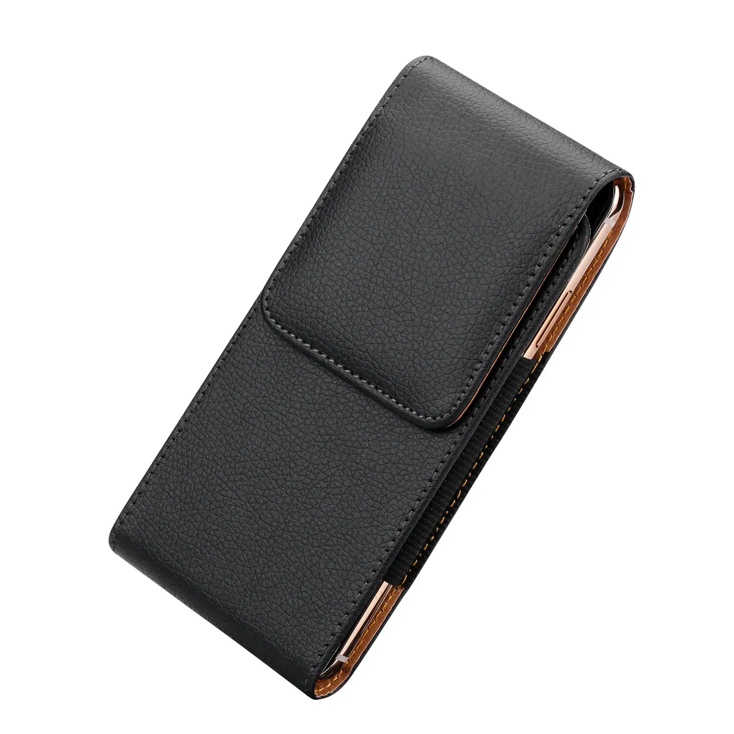 Black Leather Mobile Phone Waist Bag with Gold Trim — feature 26