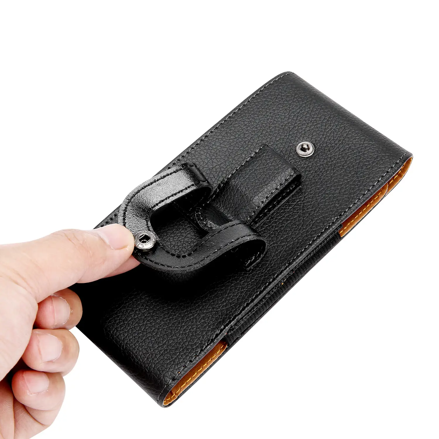Black Leather Mobile Phone Waist Bag with Gold Trim — feature 27