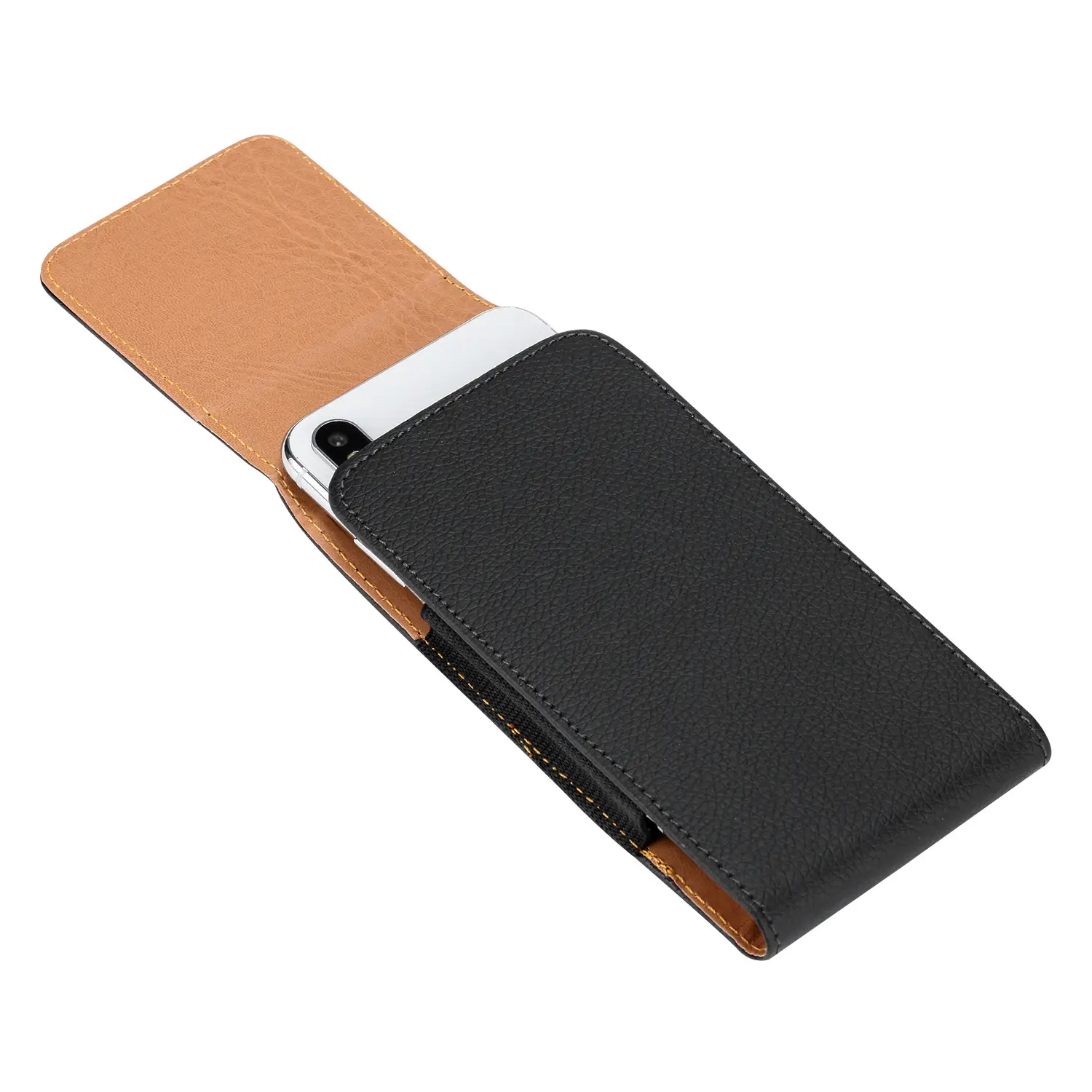 Black Leather Mobile Phone Waist Bag with Gold Trim — feature 29