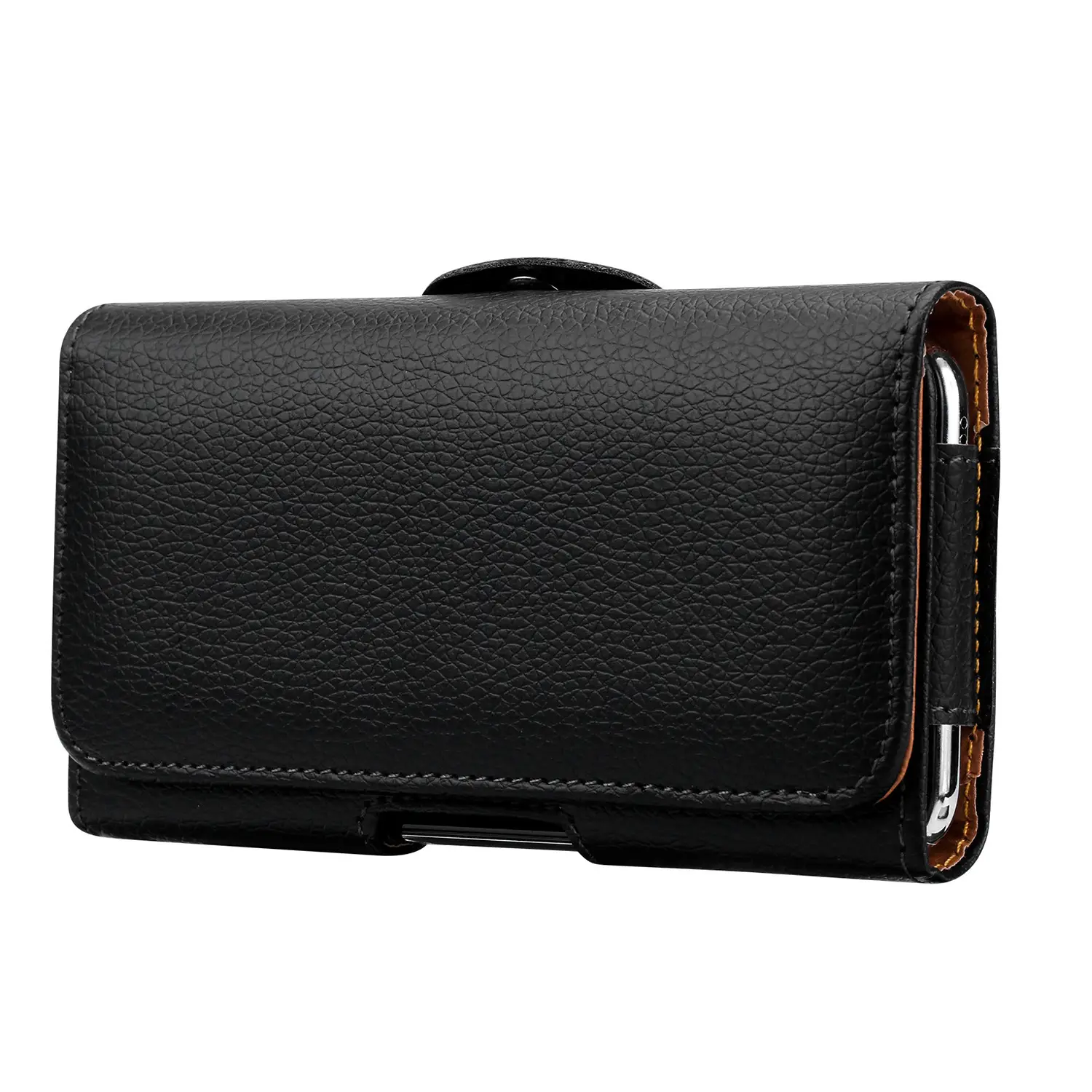 Black Leather Mobile Phone Waist Bag with Gold Trim — feature 7