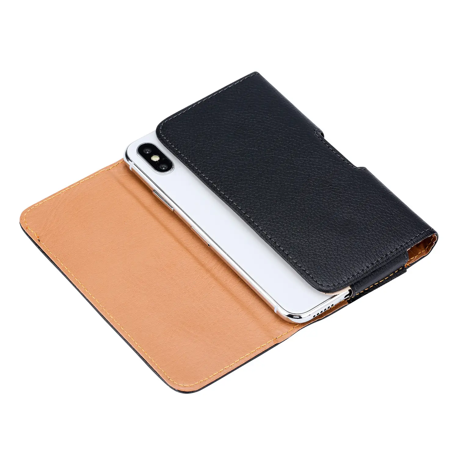 Black Leather Mobile Phone Waist Bag with Gold Trim — feature 9