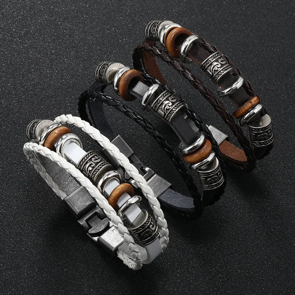Punk Vintage Buckle Bracelet for Men Leather Multi-layer Beaded - Image 5