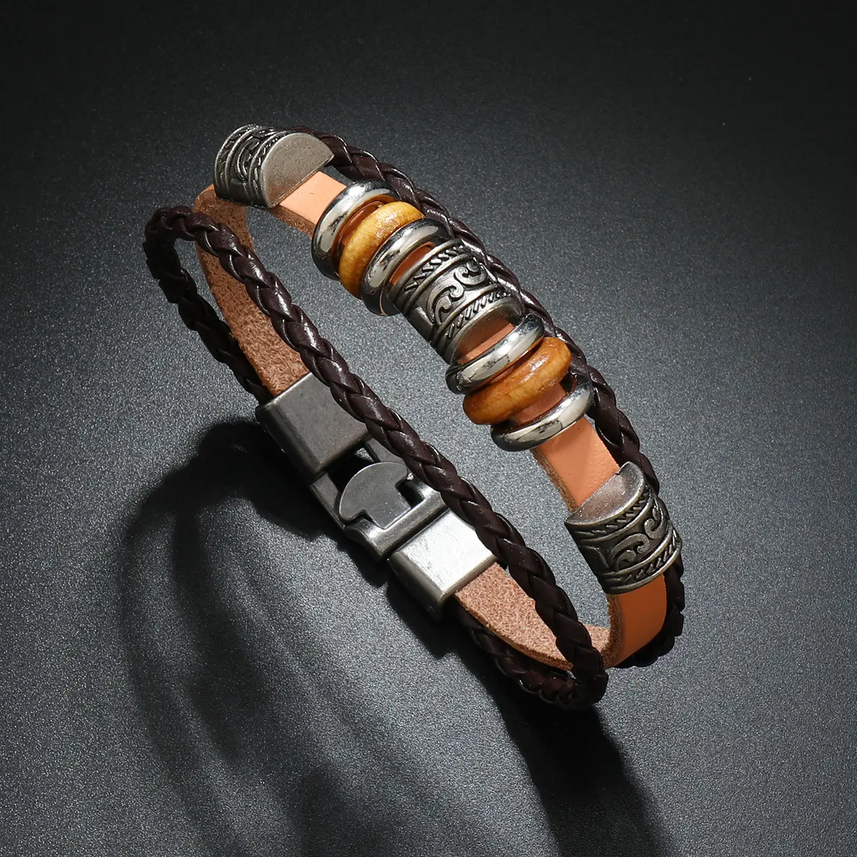 Punk Vintage Buckle Bracelet for Men Leather Multi-layer Beaded - Image 6