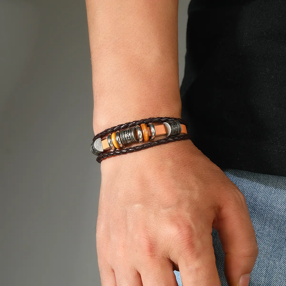 Punk Vintage Buckle Bracelet for Men Leather Multi-layer Beaded - Image 7