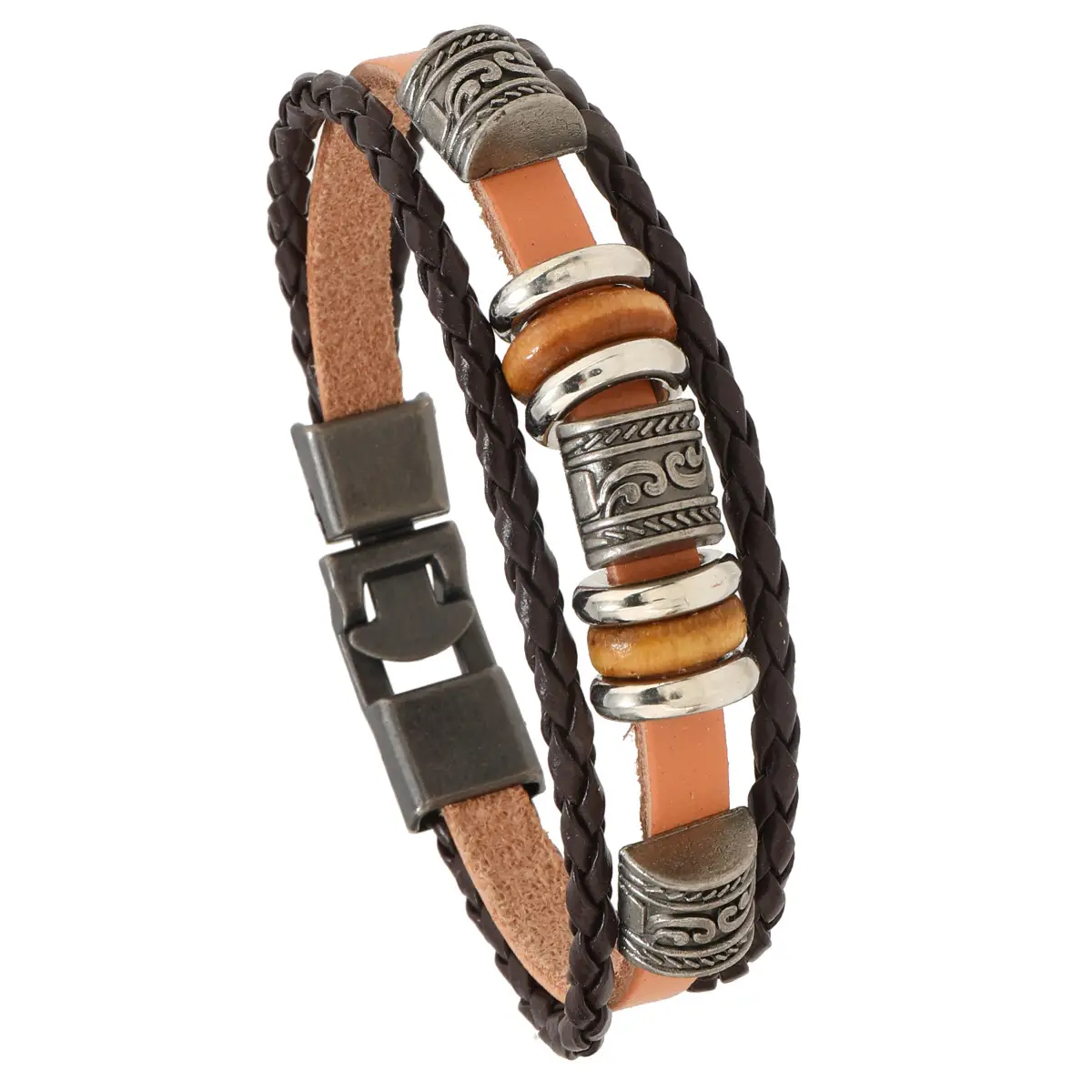 Punk Vintage Buckle Bracelet for Men Leather Multi-layer Beaded - Image 2