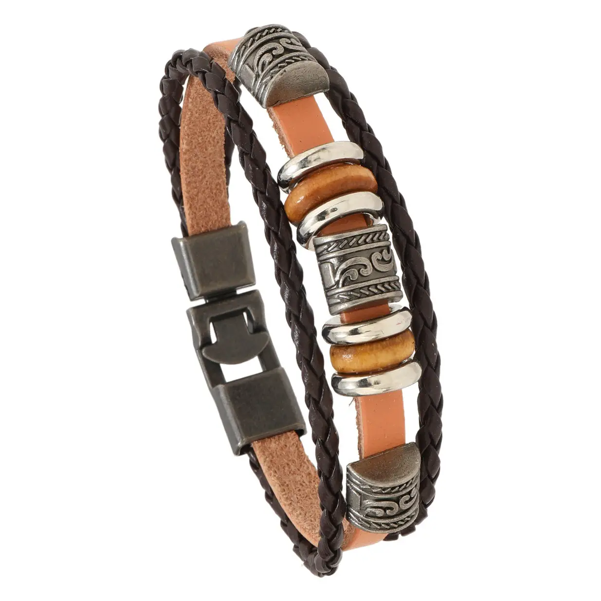 Punk Vintage Buckle Bracelet for Men Leather Multi-layer Beaded