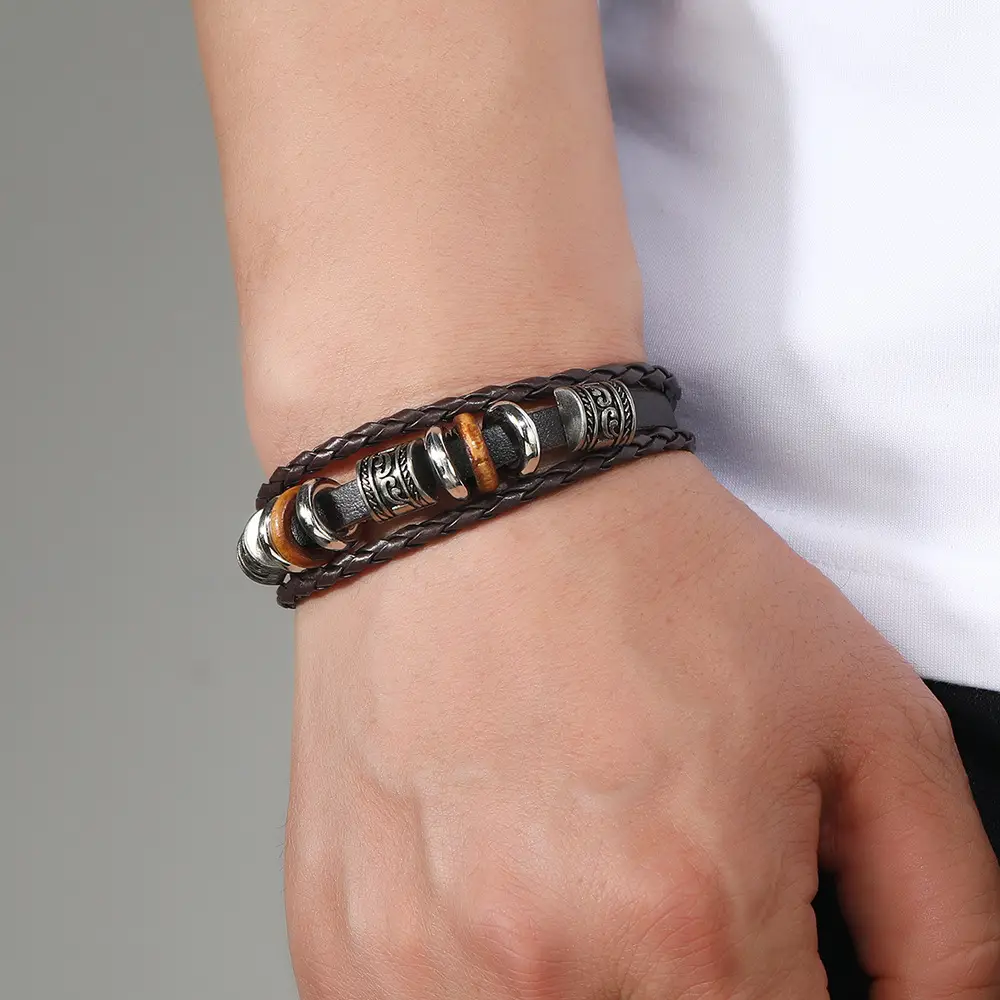 Punk Vintage Buckle Bracelet for Men Leather Multi-layer Beaded — feature 10