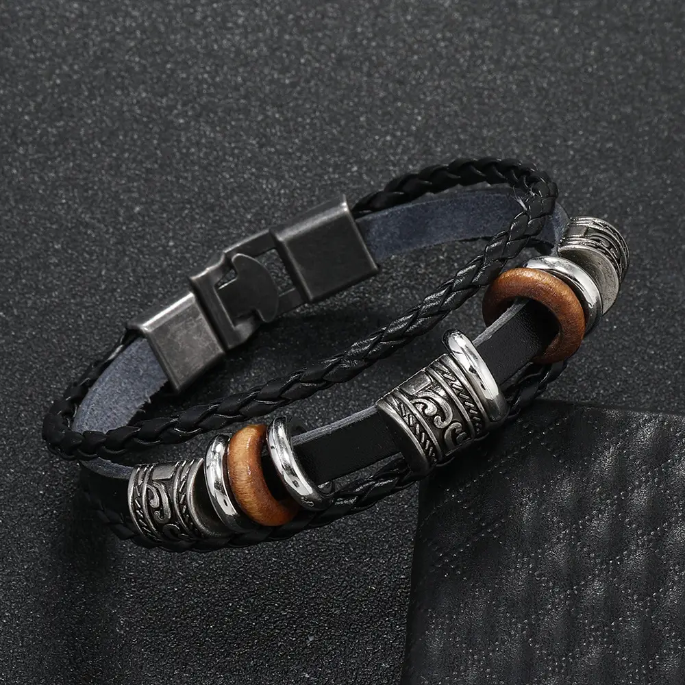 Punk Vintage Buckle Bracelet for Men Leather Multi-layer Beaded — feature 12