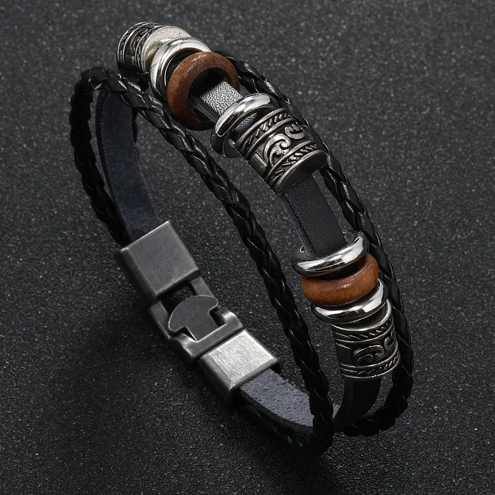 Punk Vintage Buckle Bracelet for Men Leather Multi-layer Beaded — feature 13