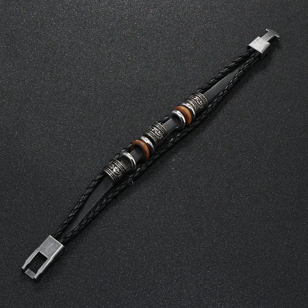 Punk Vintage Buckle Bracelet for Men Leather Multi-layer Beaded — feature 14